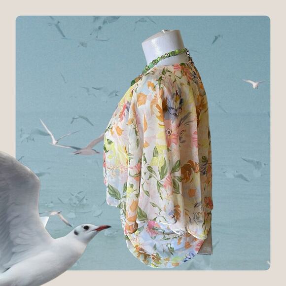 ZARA Floral Cape Blouse Top Womens Small Yellow Peach Short Sleeve Chiffon Sheer - Picture 11 of 13